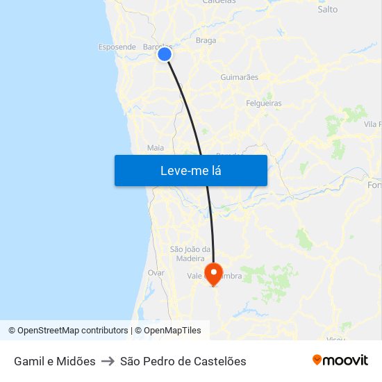 Gamil e Midões to São Pedro de Castelões map