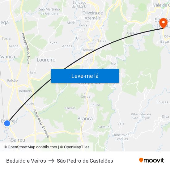 Beduído e Veiros to São Pedro de Castelões map