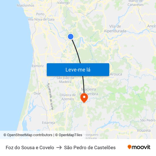 Foz do Sousa e Covelo to São Pedro de Castelões map