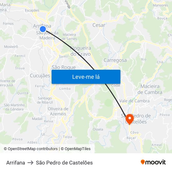 Arrifana to São Pedro de Castelões map