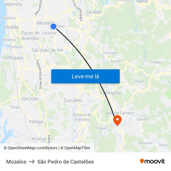 Mozelos to São Pedro de Castelões map