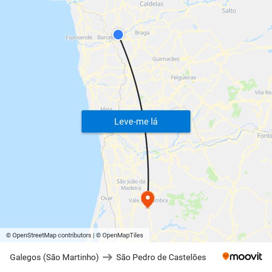 Galegos (São Martinho) to São Pedro de Castelões map