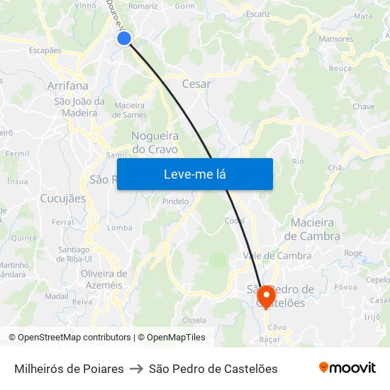 Milheirós de Poiares to São Pedro de Castelões map