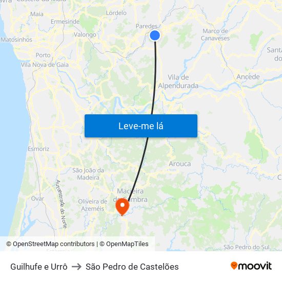 Guilhufe e Urrô to São Pedro de Castelões map