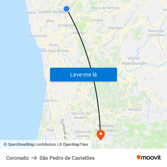 Coronado to São Pedro de Castelões map