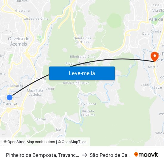 Pinheiro da Bemposta, Travanca e Palmaz to São Pedro de Castelões map