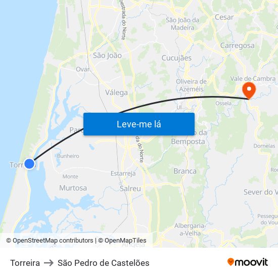 Torreira to São Pedro de Castelões map