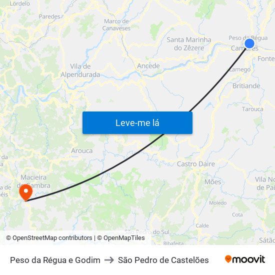 Peso da Régua e Godim to São Pedro de Castelões map