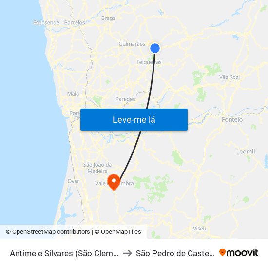 Antime e Silvares (São Clemente) to São Pedro de Castelões map