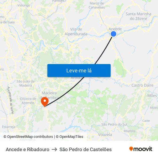 Ancede e Ribadouro to São Pedro de Castelões map