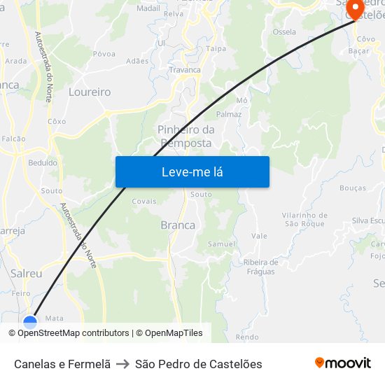 Canelas e Fermelã to São Pedro de Castelões map