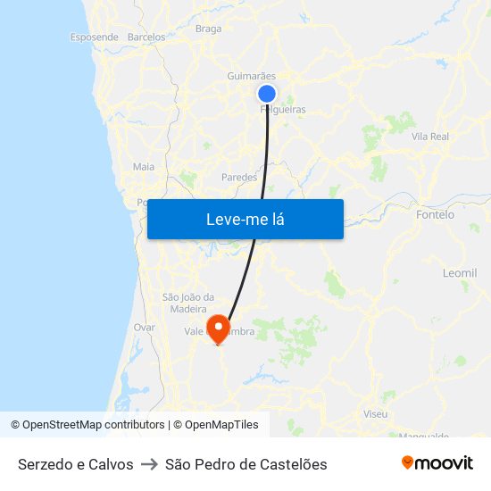 Serzedo e Calvos to São Pedro de Castelões map