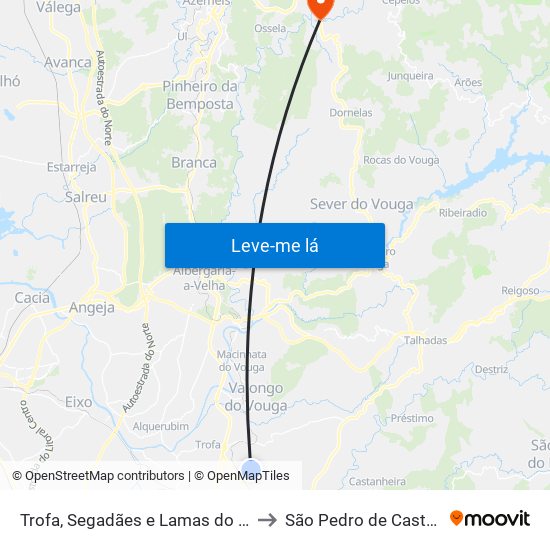 Trofa, Segadães e Lamas do Vouga to São Pedro de Castelões map