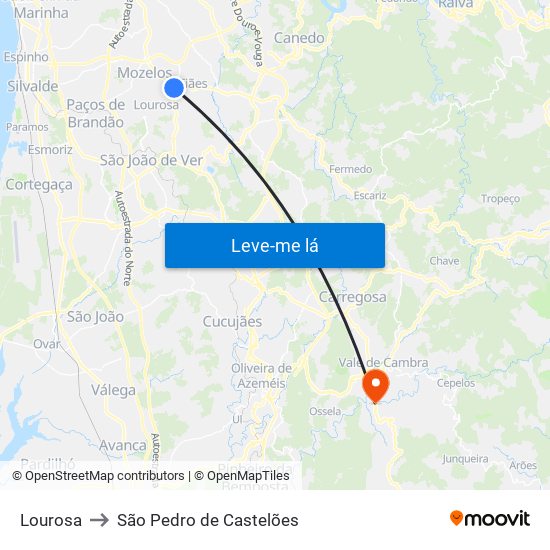 Lourosa to São Pedro de Castelões map