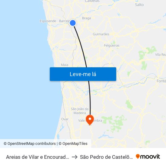 Areias de Vilar e Encourados to São Pedro de Castelões map