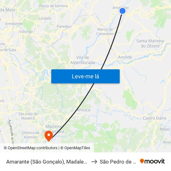 Amarante (São Gonçalo), Madalena, Cepelos e Gatão to São Pedro de Castelões map