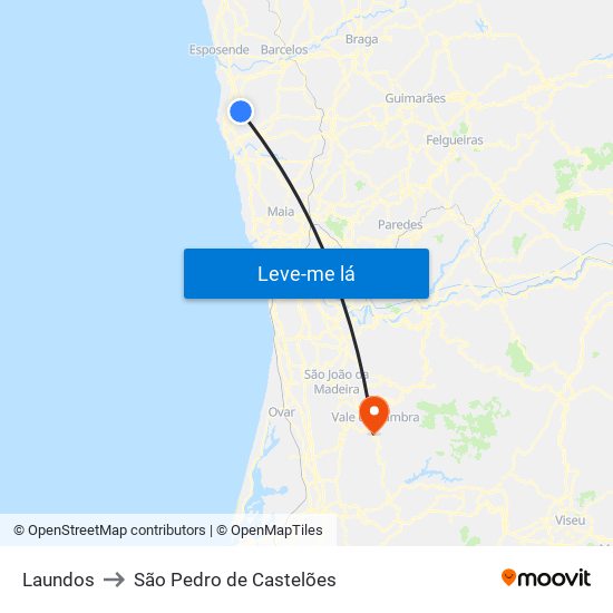 Laundos to São Pedro de Castelões map