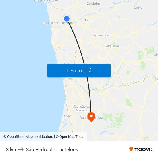 Silva to São Pedro de Castelões map