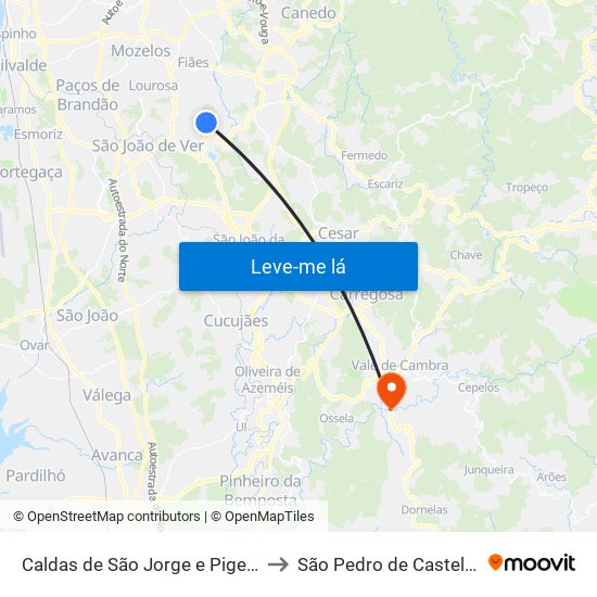 Caldas de São Jorge e Pigeiros to São Pedro de Castelões map