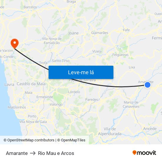 Amarante to Rio Mau e Arcos map