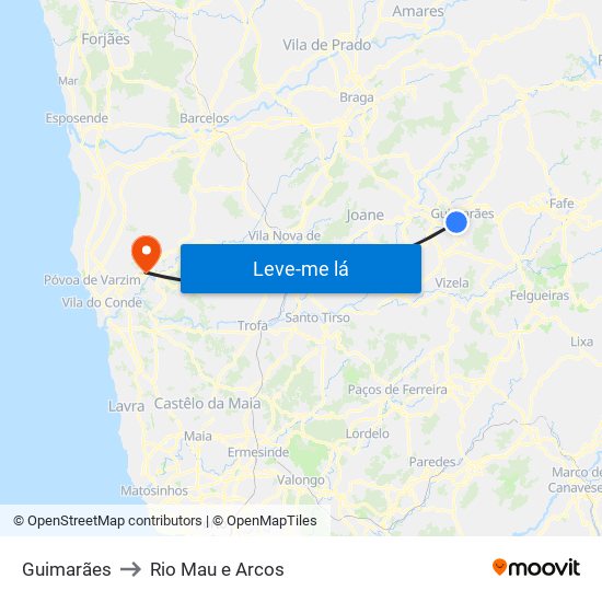 Guimarães to Rio Mau e Arcos map