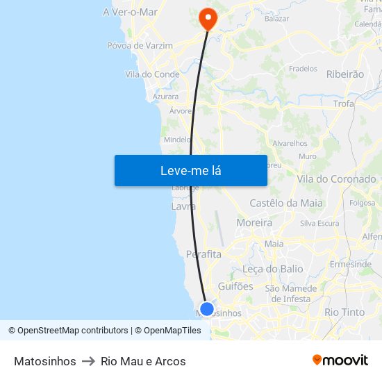 Matosinhos to Rio Mau e Arcos map