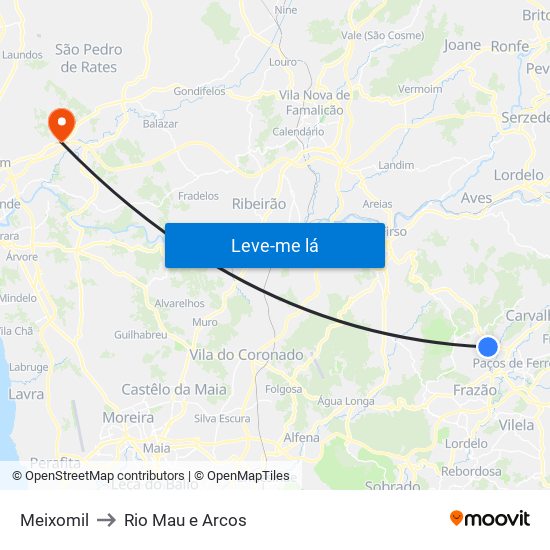 Meixomil to Rio Mau e Arcos map