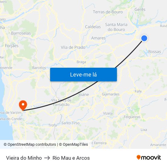 Vieira do Minho to Rio Mau e Arcos map