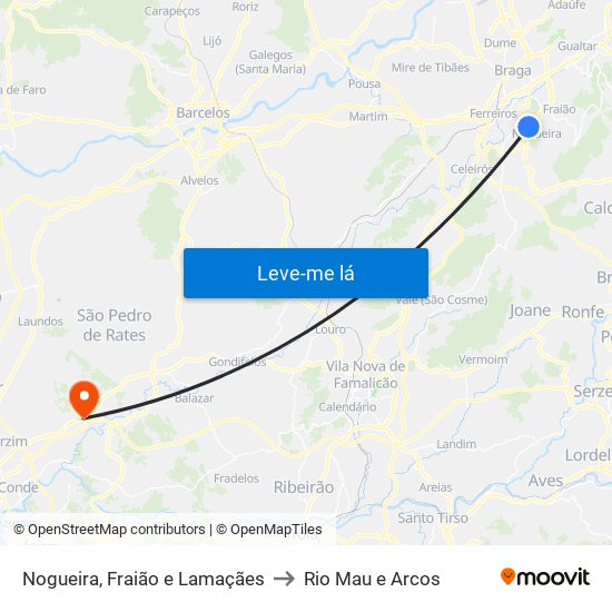 Nogueira, Fraião e Lamaçães to Rio Mau e Arcos map