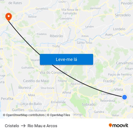 Cristelo to Rio Mau e Arcos map