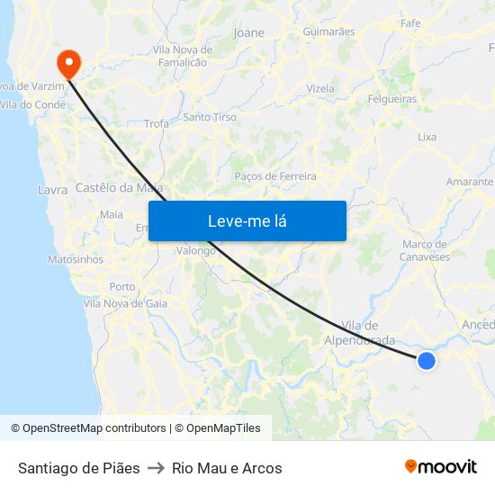 Santiago de Piães to Rio Mau e Arcos map