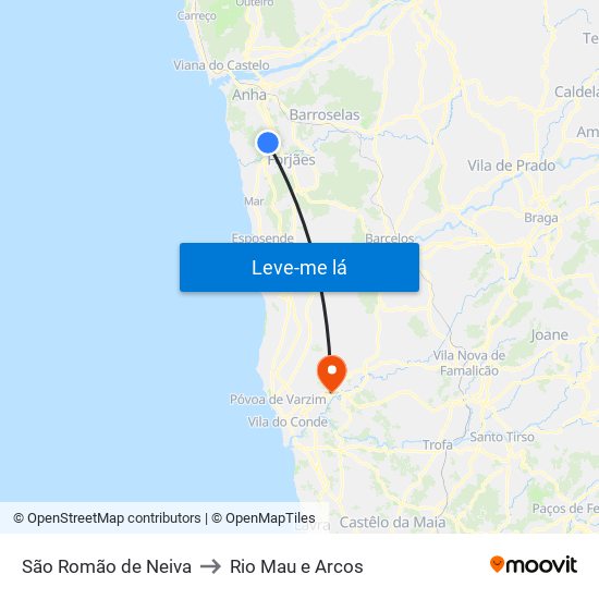 São Romão de Neiva to Rio Mau e Arcos map