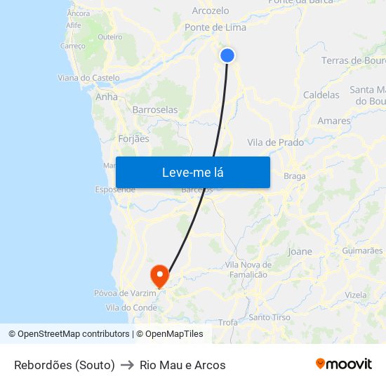 Rebordões (Souto) to Rio Mau e Arcos map