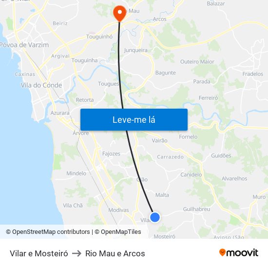 Vilar e Mosteiró to Rio Mau e Arcos map