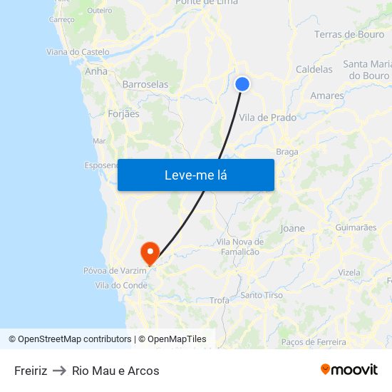 Freiriz to Rio Mau e Arcos map