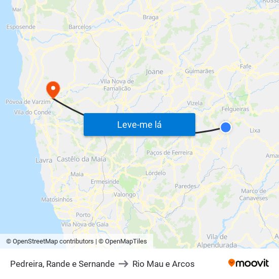 Pedreira, Rande e Sernande to Rio Mau e Arcos map