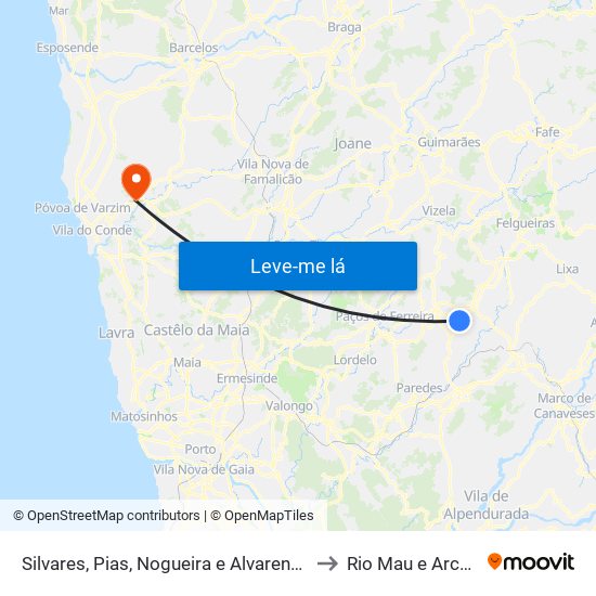 Silvares, Pias, Nogueira e Alvarenga to Rio Mau e Arcos map
