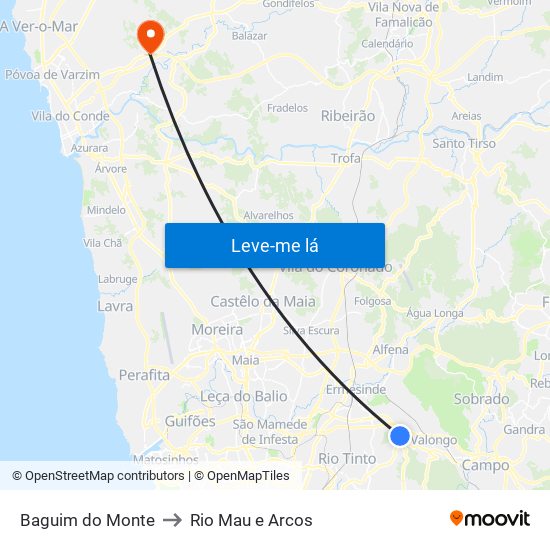 Baguim do Monte to Rio Mau e Arcos map