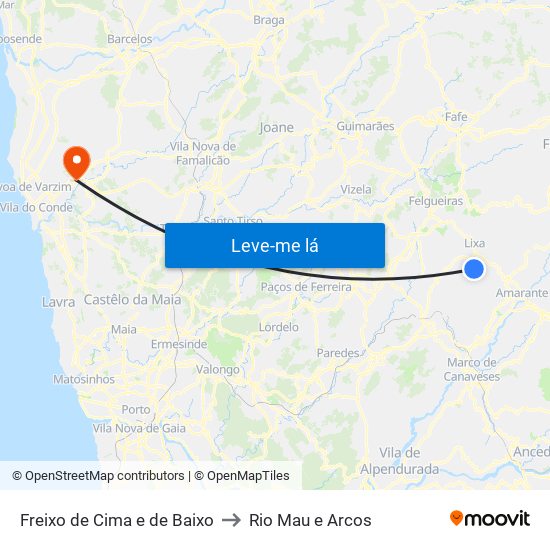 Freixo de Cima e de Baixo to Rio Mau e Arcos map