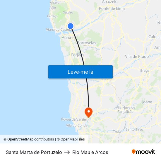 Santa Marta de Portuzelo to Rio Mau e Arcos map