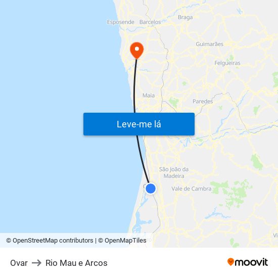 Ovar to Rio Mau e Arcos map