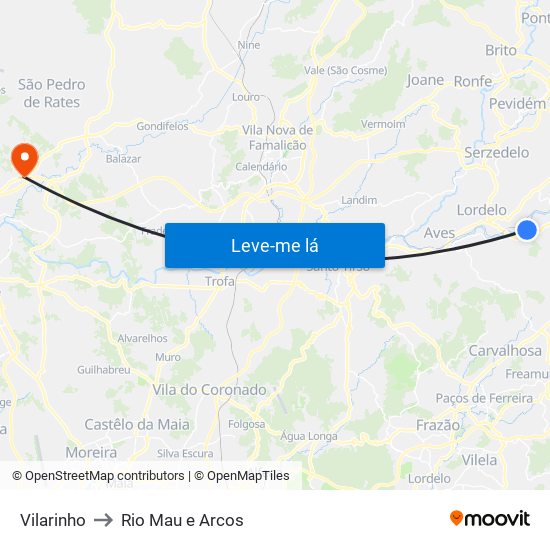 Vilarinho to Rio Mau e Arcos map