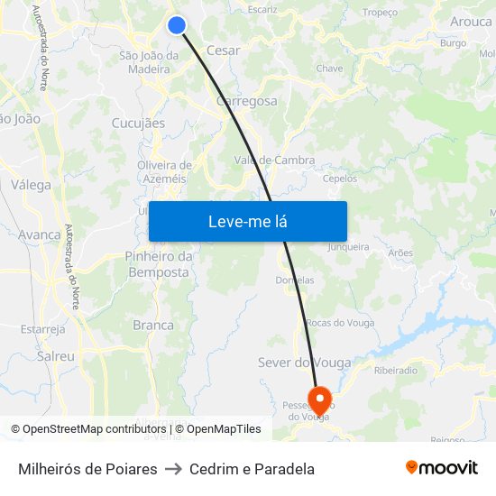 Milheirós de Poiares to Cedrim e Paradela map