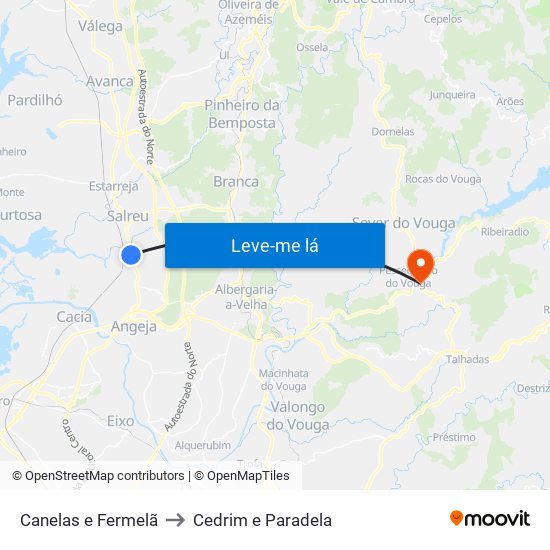 Canelas e Fermelã to Cedrim e Paradela map