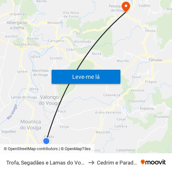 Trofa, Segadães e Lamas do Vouga to Cedrim e Paradela map