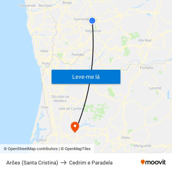 Arões (Santa Cristina) to Cedrim e Paradela map