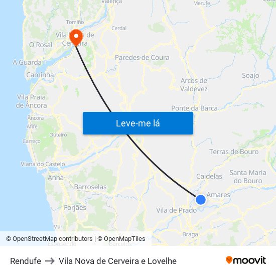 Rendufe to Vila Nova de Cerveira e Lovelhe map