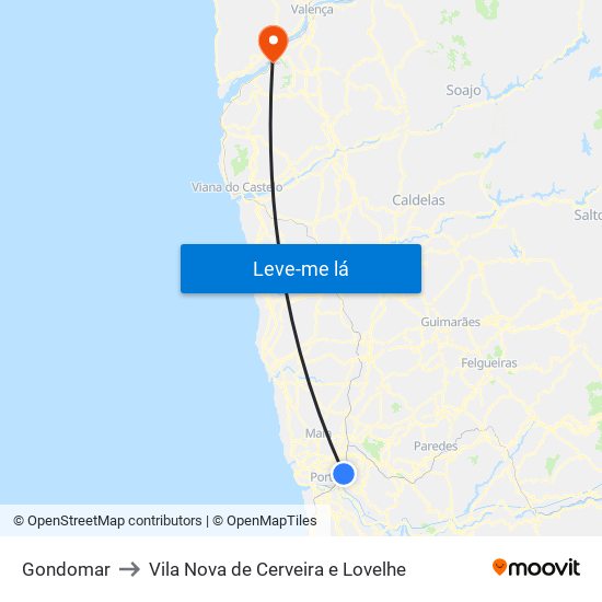 Gondomar to Vila Nova de Cerveira e Lovelhe map