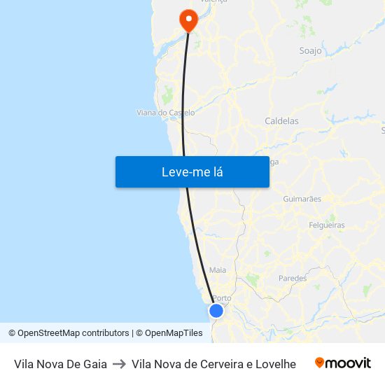 Vila Nova De Gaia to Vila Nova de Cerveira e Lovelhe map