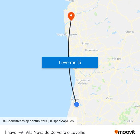 Ílhavo to Vila Nova de Cerveira e Lovelhe map